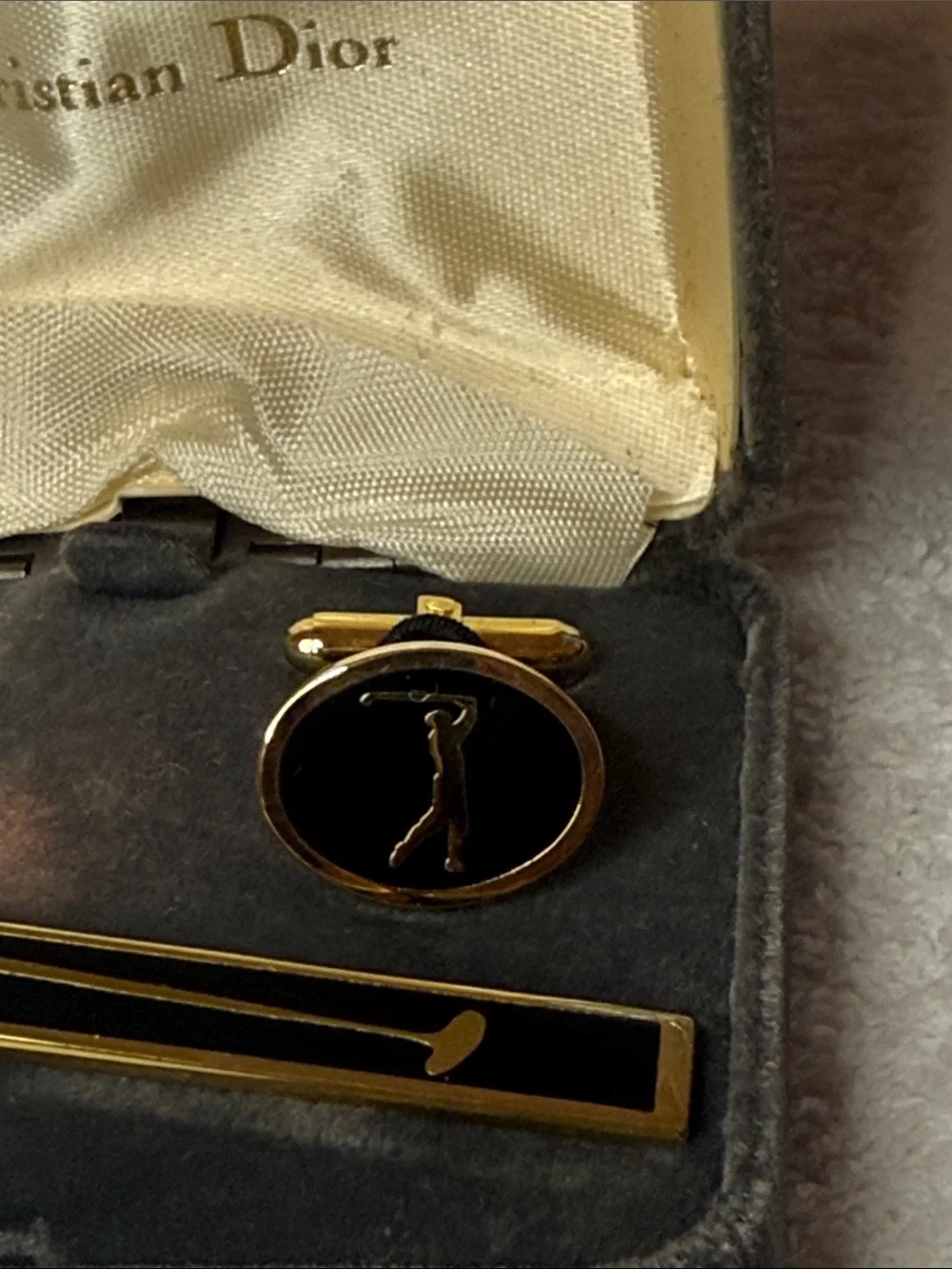 Vintage Christian Dior GOLF Gold/Black Matching tie clip and cuff links.